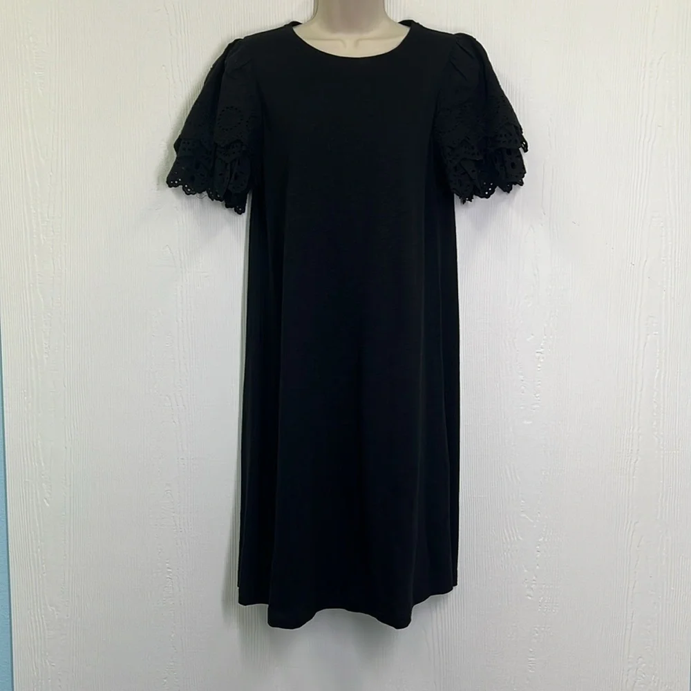 Chicos - Black Crewneck Crochet Tiered Short Sleeves Shirt Midi Dress Size Med